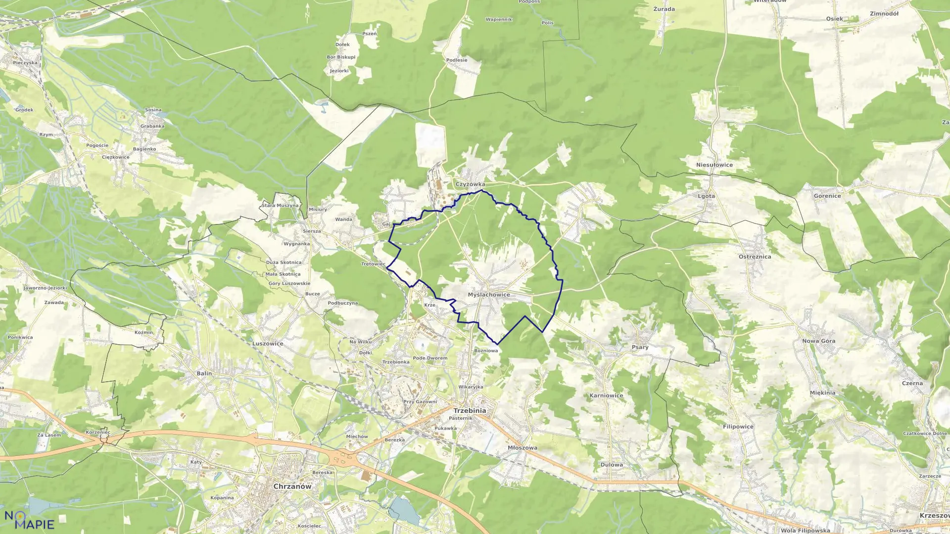 Mapa obrębu Myślachowice w gminie Trzebinia